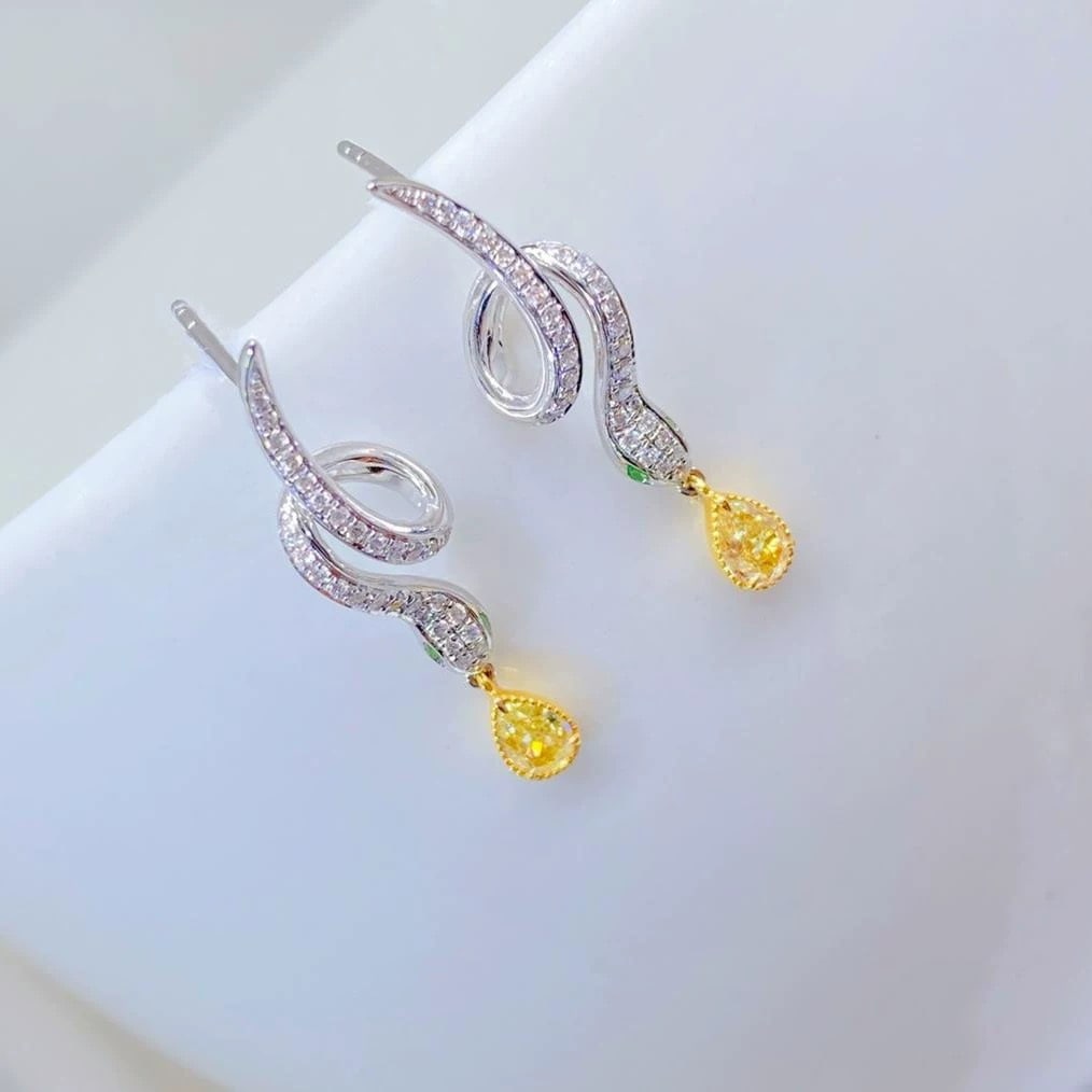 14k Gold 0.29 Ct Natural Yellow Diamond & Diamond Earrings - 2