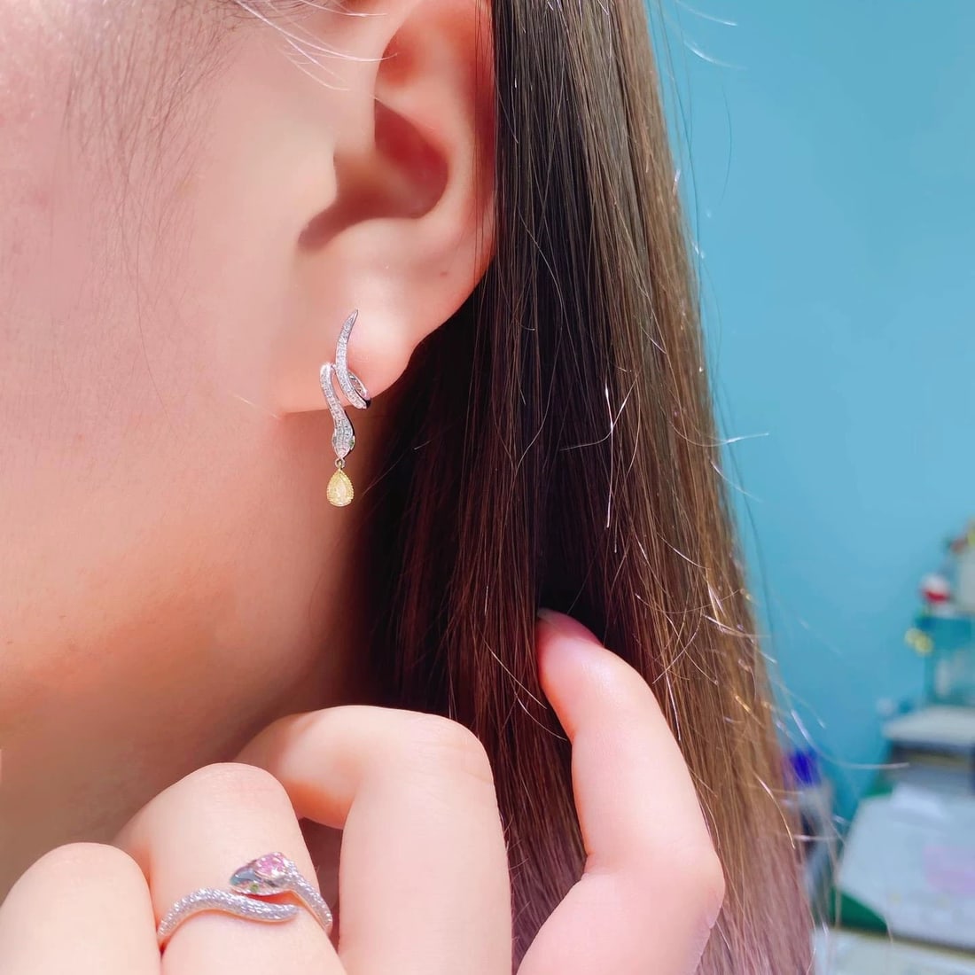 14k Gold 0.29 Ct Natural Yellow Diamond & Diamond Earrings - 4