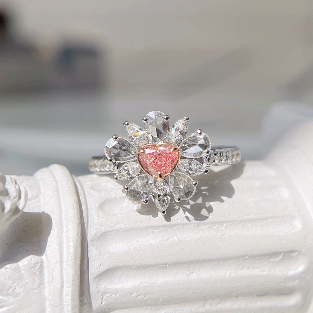 Gia Certified 14k Gold 1.09 Ctw Natural Pink Diamond & Diamond Ring: Ref:230947033 // gold content:14k gold // ring size:7. 25us // // main gemstone:pink diamond // certified:gia // shape:heart // carat weight:0. 27ct // clarity grade:si1 // color:pink //