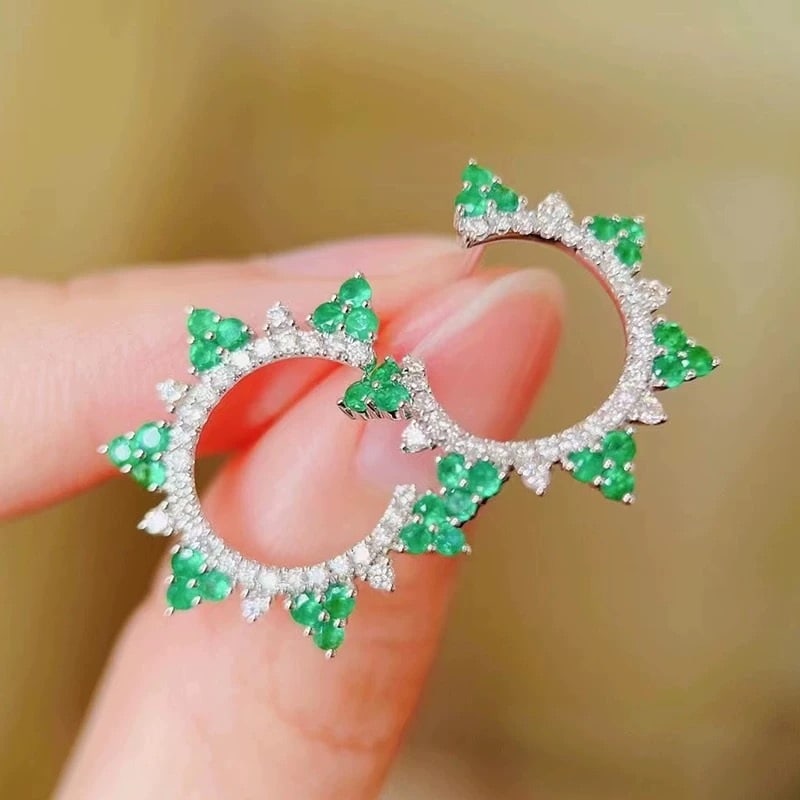 14k Gold 1.14 Ctw Natural Emerald & Diamond Earrings - 5