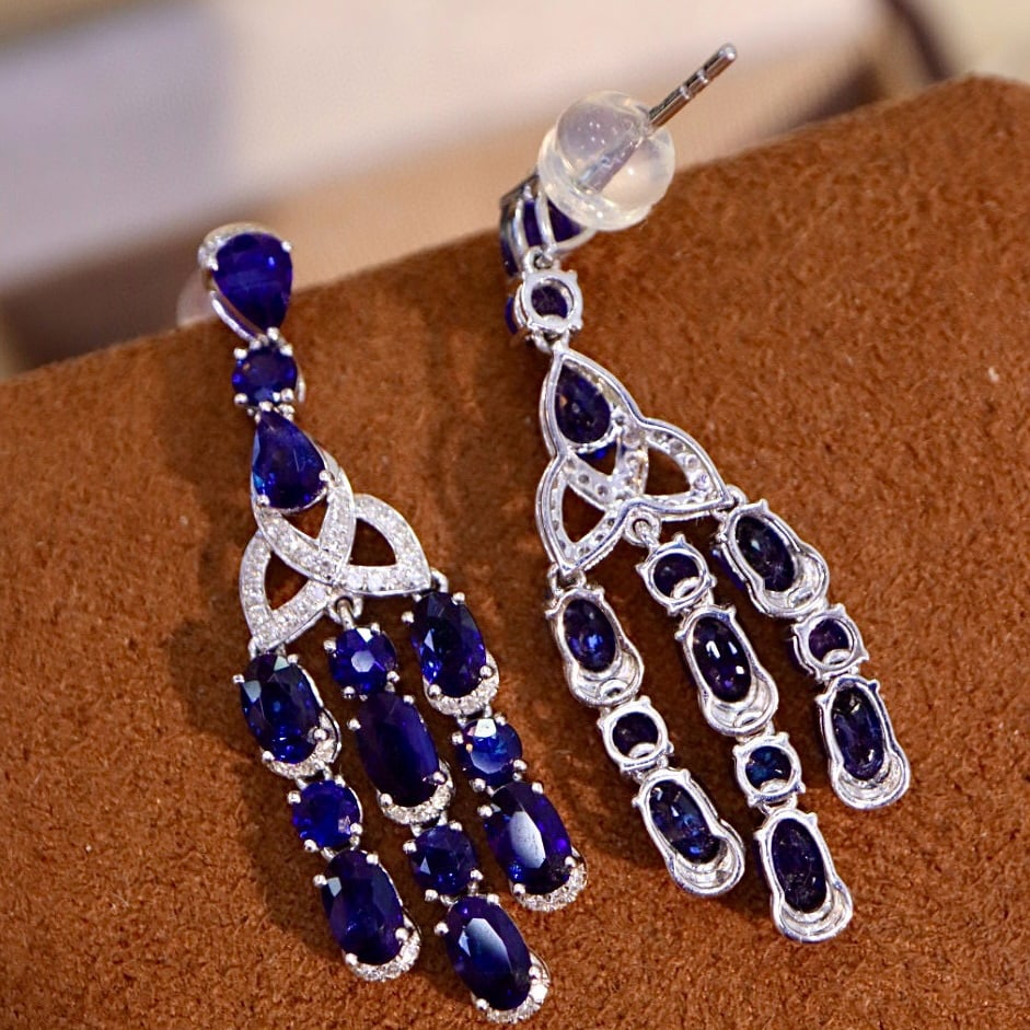 14k Gold 6.17 Ctw Natural Sapphire & Diamond Earrings - 3
