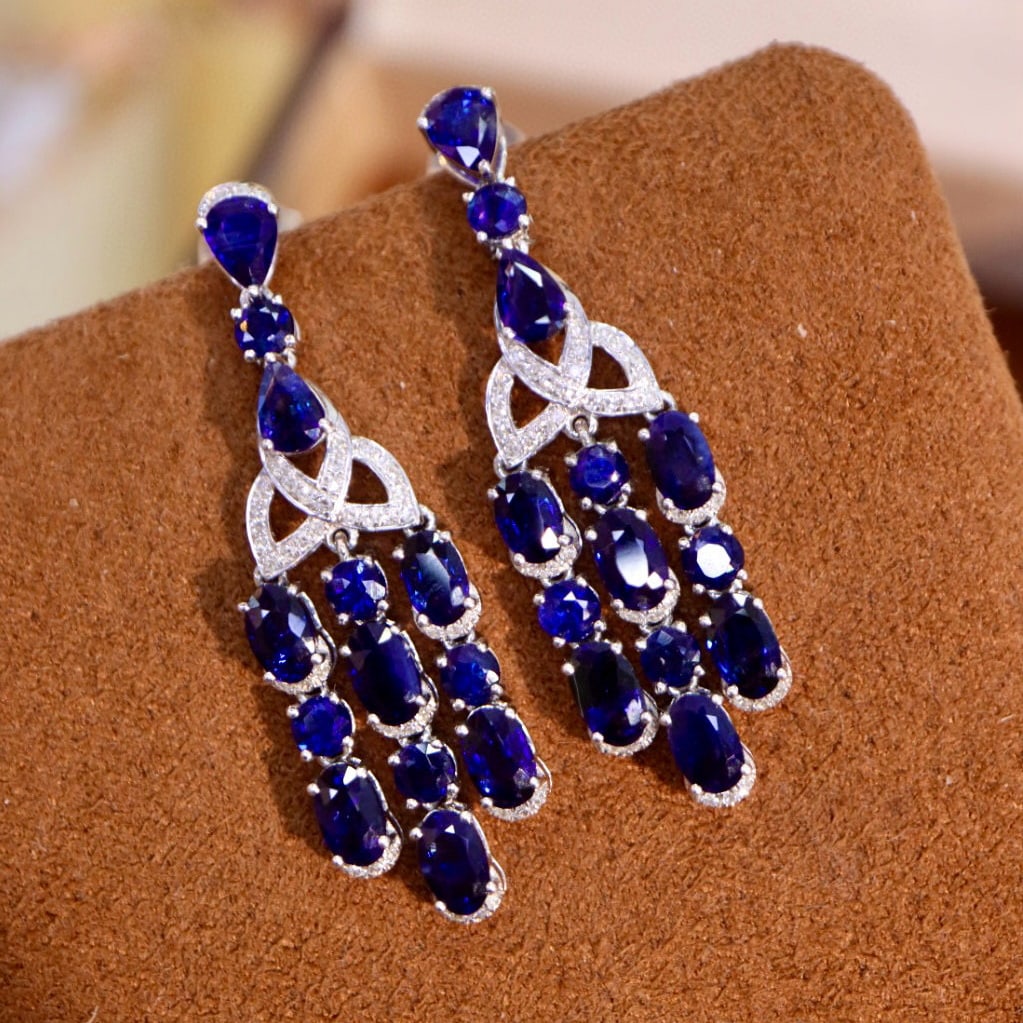14k Gold 6.17 Ctw Natural Sapphire & Diamond Earrings - 5