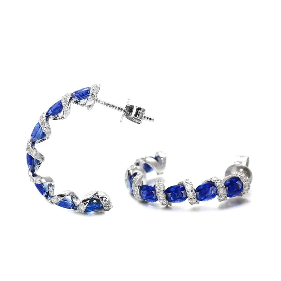 14k Gold 4.02 Ctw Vivid Blue Natural Sapphire & Diamond Earrings - 2