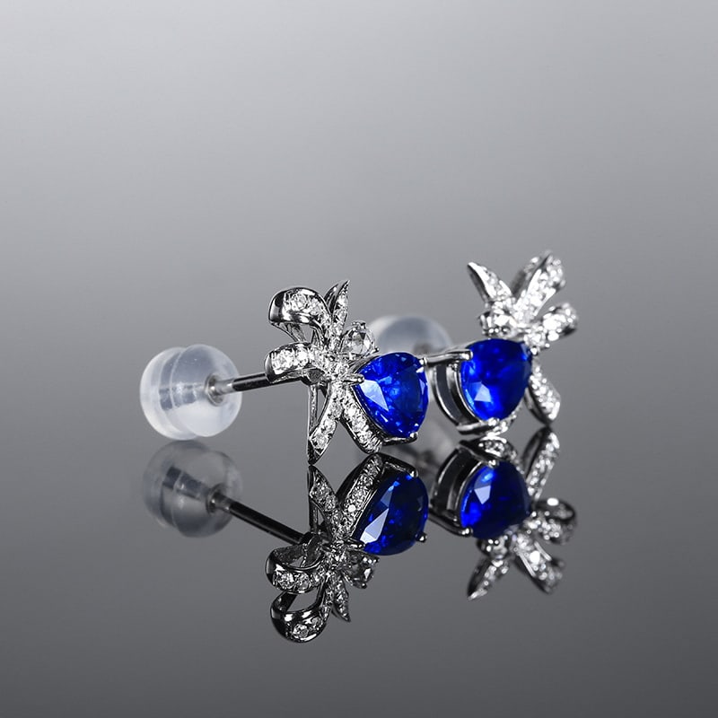 14k Gold 1.79 Ctw Vivid Blue Natural Sapphire & Diamond Earrings - 6