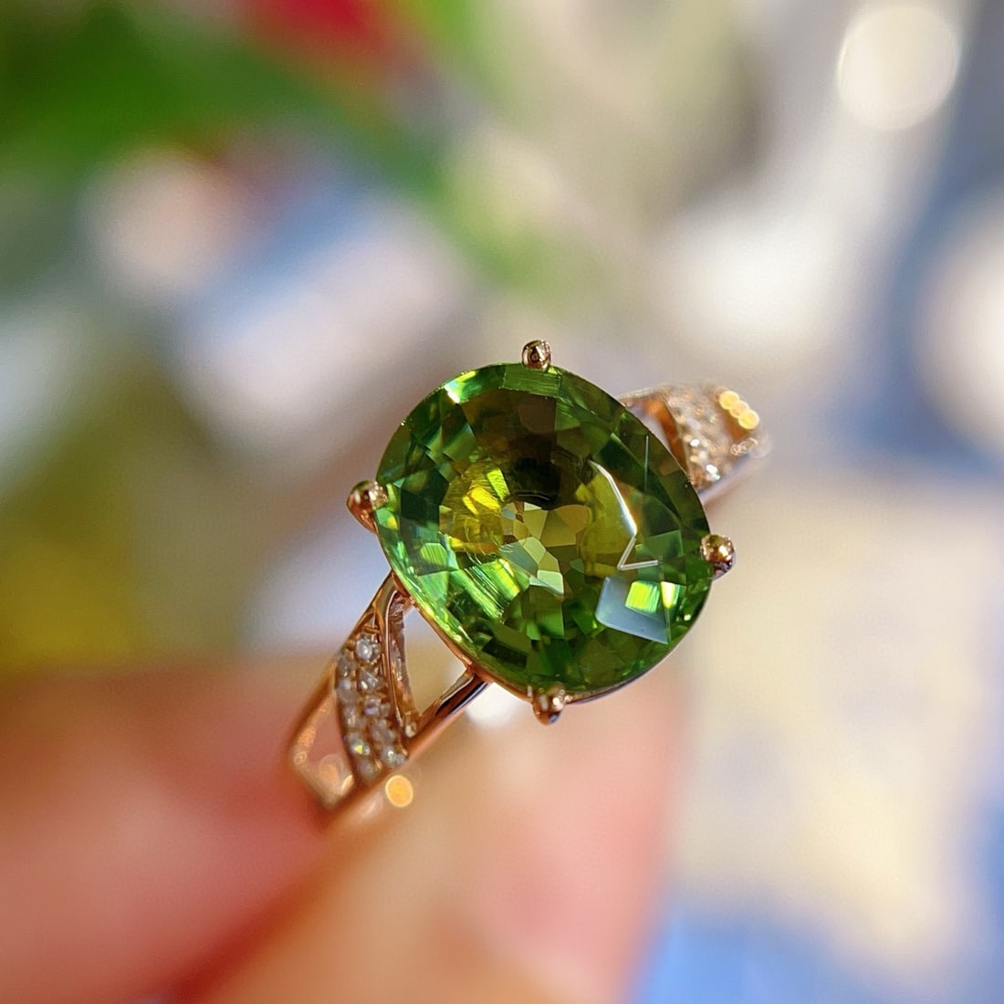 14k Gold 2.20 Ct Natural Tourmaline & Diamond Ring: Ref:230947215 // gold content:14k gold // ring size:7. 25us // // main gemstone:tourmaline // shape:oval // carat weight:2. 20ct // color:green // treatment:natural // // adjacent gemstone 2 :