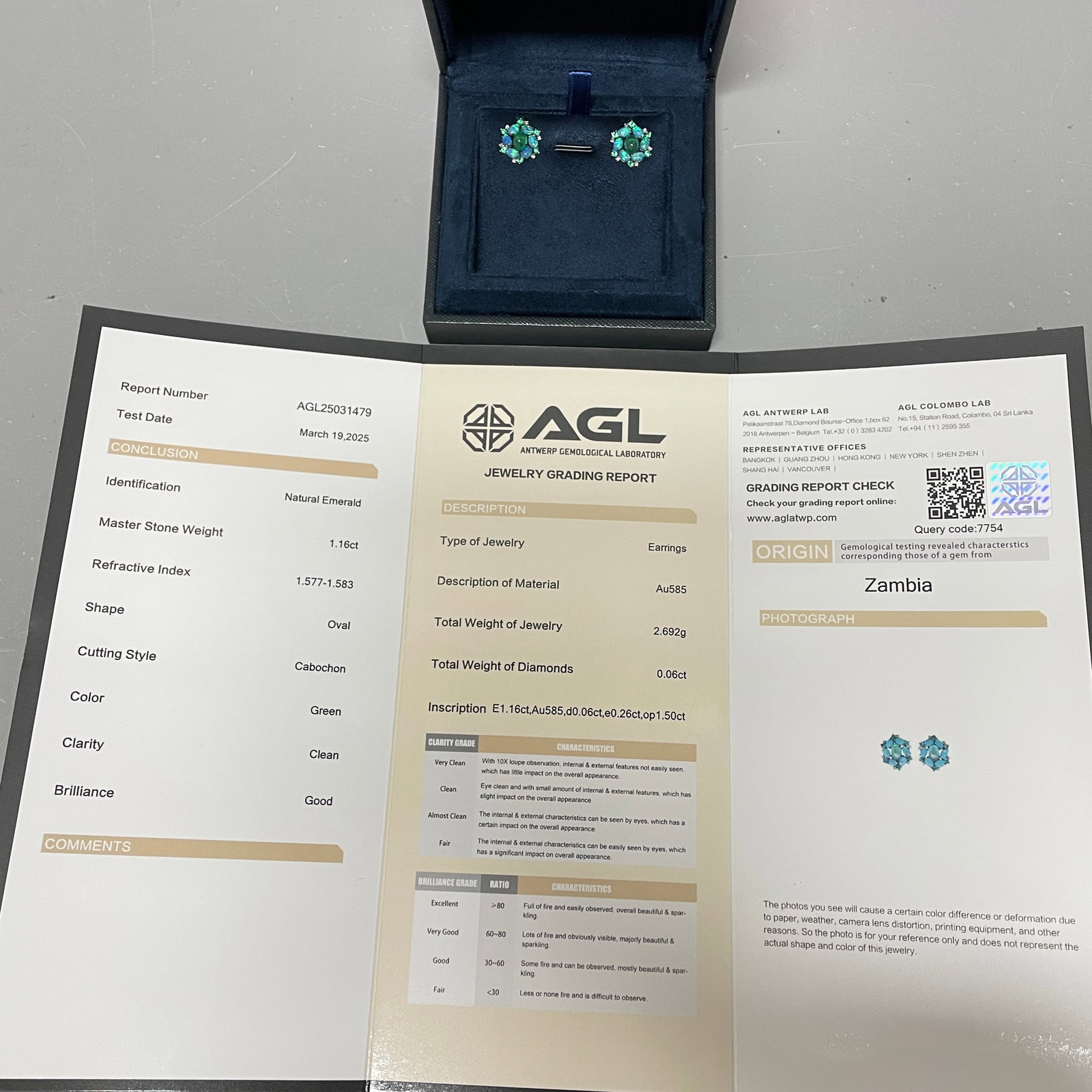 14k Gold 1 Ct Natural Emerald & Opal & Diamond & Emerald Earrings - 2