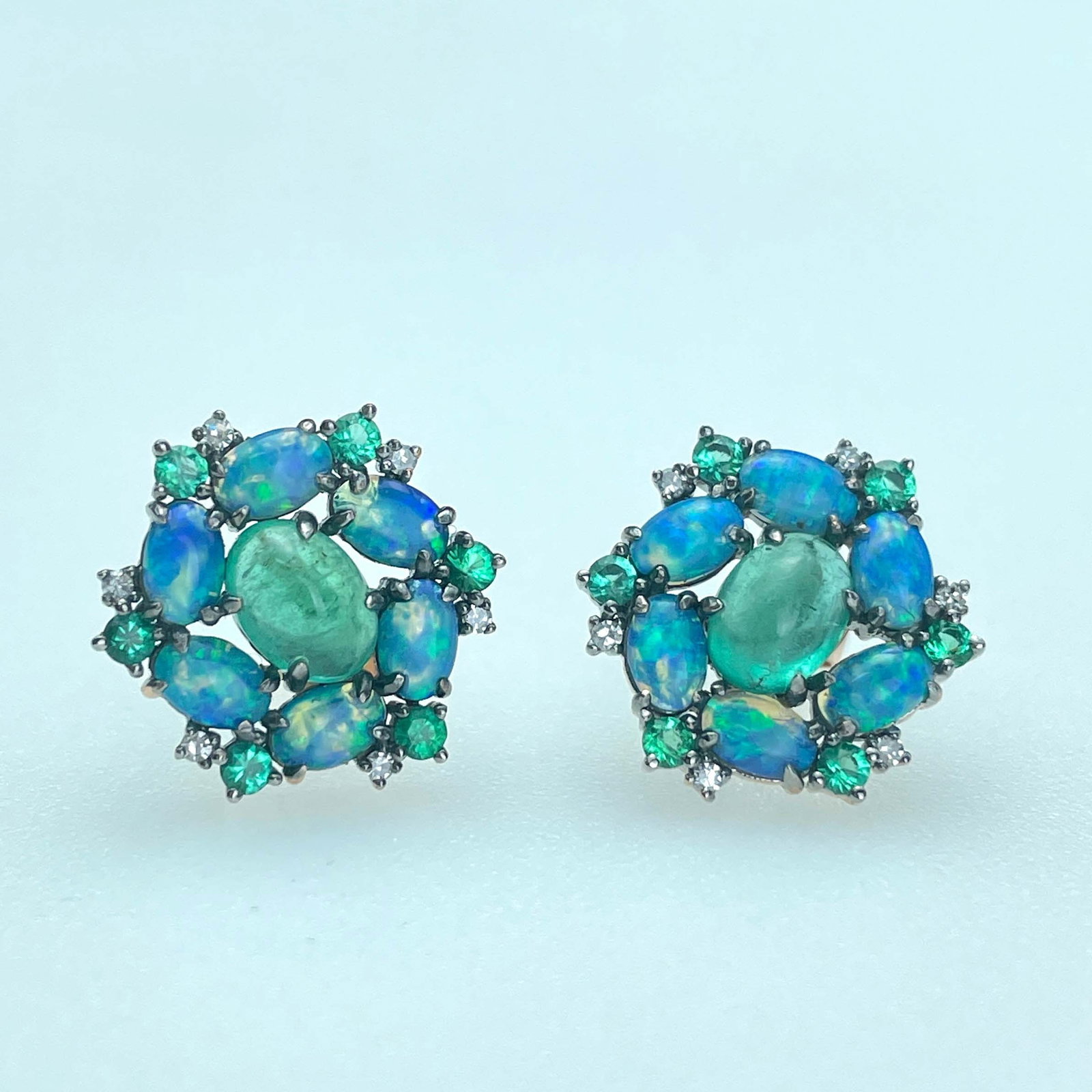 14k Gold 1 Ct Natural Emerald & Opal & Diamond & Emerald Earrings - 3