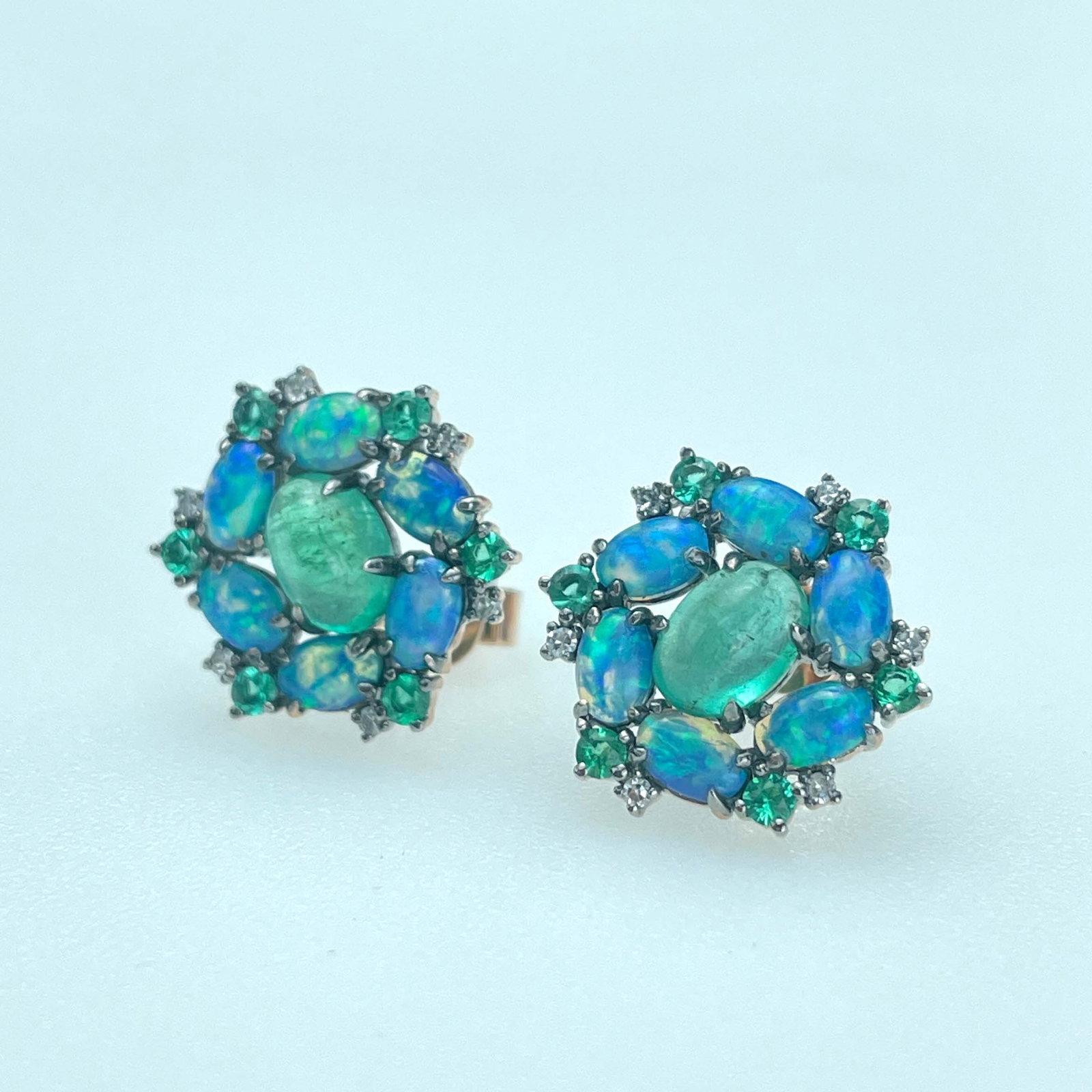 14k Gold 1 Ct Natural Emerald & Opal & Diamond & Emerald Earrings - 4