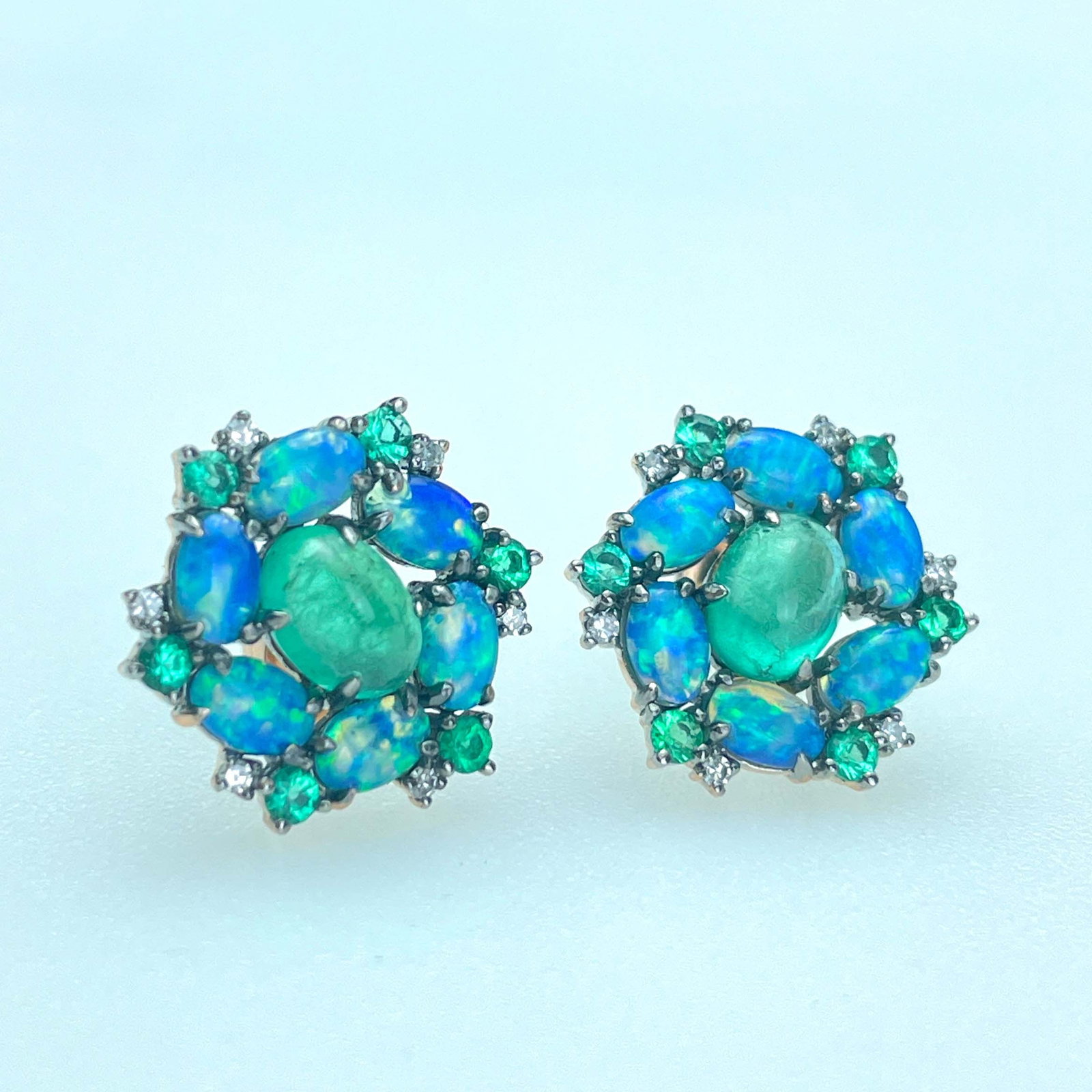 14k Gold 1 Ct Natural Emerald & Opal & Diamond & Emerald Earrings - 5