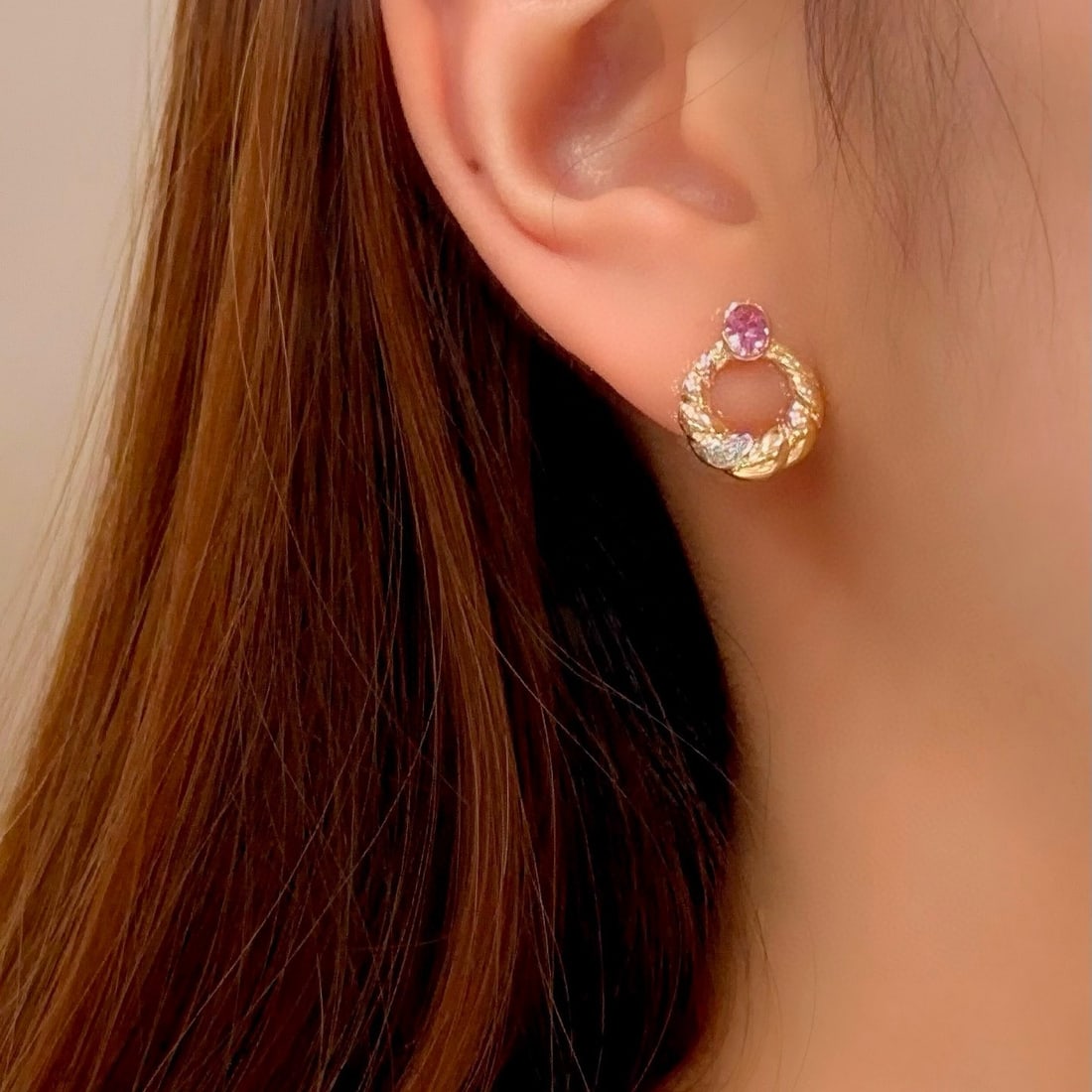 14k Gold 0.79 Ctw Natural Padparadscha Sapphire & Diamond Earrings - 3