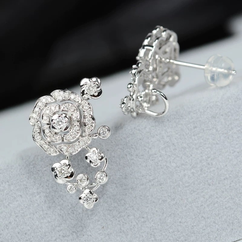 14k Gold 0.6 Ct Natural H Diamond & Flowers Earrings - 2