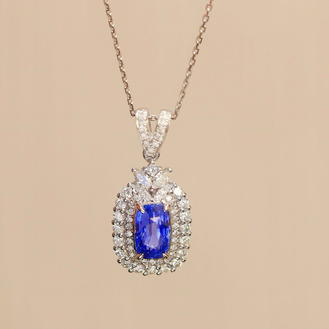 14k Gold 2.07 Ctw Natural Sapphire & Diamond Pendant( Without Chain ): Ref:230948047 // gold content:14k gold // main gemstone:sapphire // shape:cushion // carat weight:1. 59ct // color:cornflower blue // treatment:natural // // adjacent gemstone 2 : diamond //