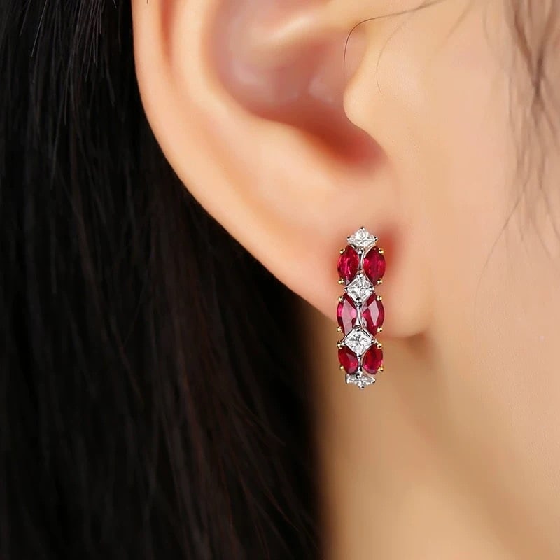14k Gold 2.33 Ctw Natural Ruby & Diamond Earrings: Ref:230948054 // gold content:14k gold // main gemstone:ruby // shape:marquise // carat weight:1. 86ct // color:pigeonblood red // treatment:natural // // adjacent gemstone 2 : diamond // shape:prince