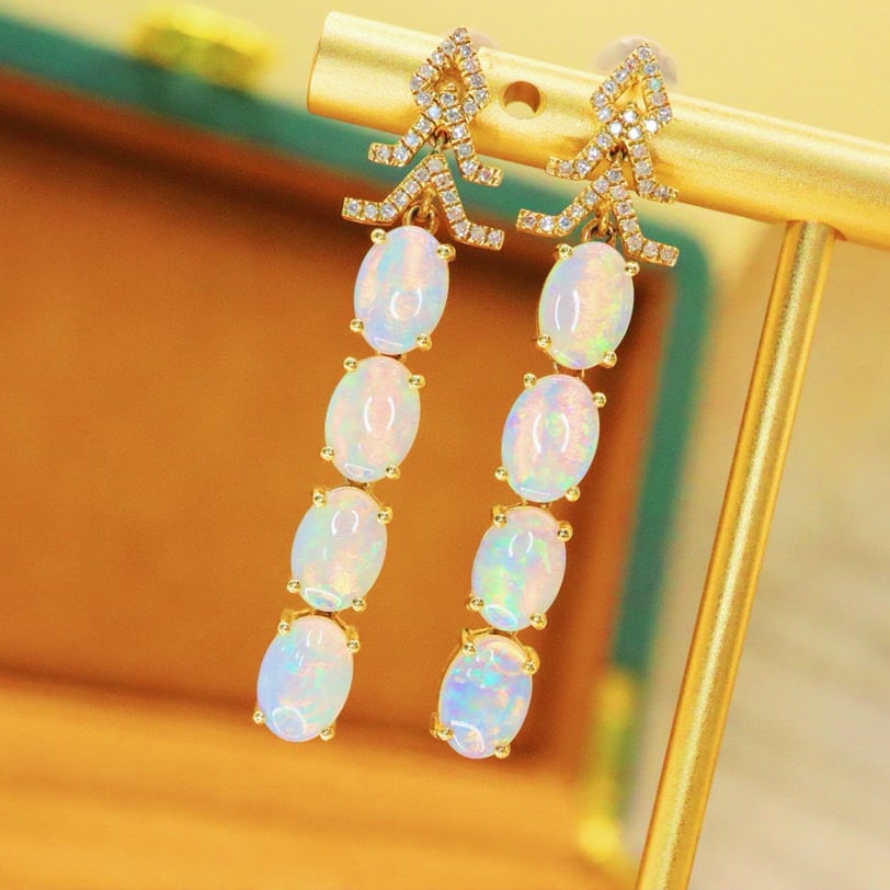 14k Gold 3.23 Ctw Natural Opal & Diamond Earrings - 2