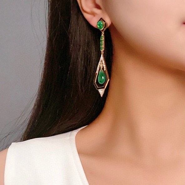 14k Gold 8.06 Ctw Natural Emerald & Diamond Earrings - 6