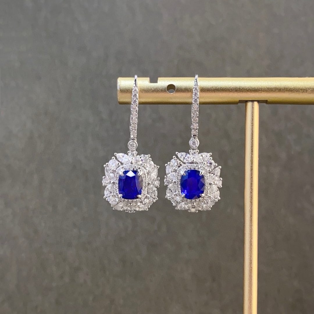 14k Gold 4.10 Ctw Natural Sapphire & Diamond Earrings: Ref:230948127 // gold content:14k gold // main gemstone:sapphire // shape:cushion // carat weight:2. 42ct // color:royal blue // treatment:natural // // adjacent gemstone 2 : diamond // shape:multiply
