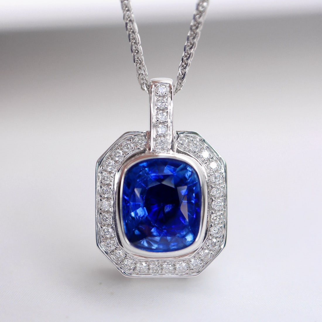 14k Gold 2.07 Ctw Natural Sapphire & Diamond Pendant( Without Chain ): Ref:230948136 // gold content:14k gold // main gemstone:sapphire // shape:cushion // carat weight:1. 9ct // color:royal blue // treatment:natural // // adjacent gemstone 2 : diamond // shape:round //