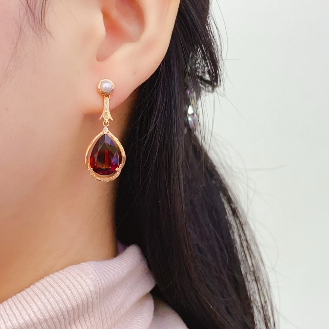 14k Gold 10.02 Ct Natural Garnet & Diamond Earrings - 4