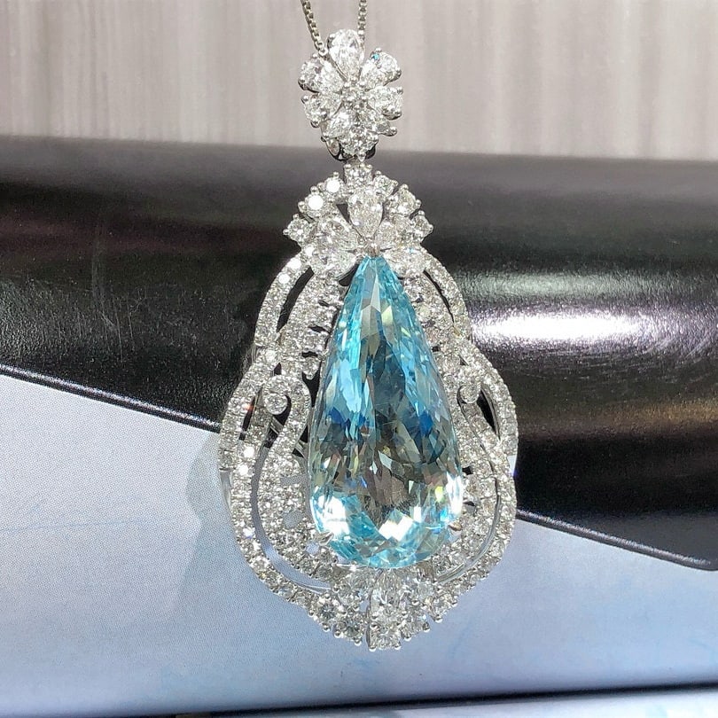14k Gold 13.47 Ctw Natural Aquamarine & Lab Grown Diamond Pendant( Without Chain ) - 2