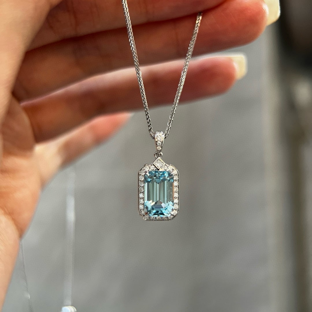 14k Gold 3.19 Ctw Natural Aquamarine & Diamond Pendant( Without Chain ) - 2