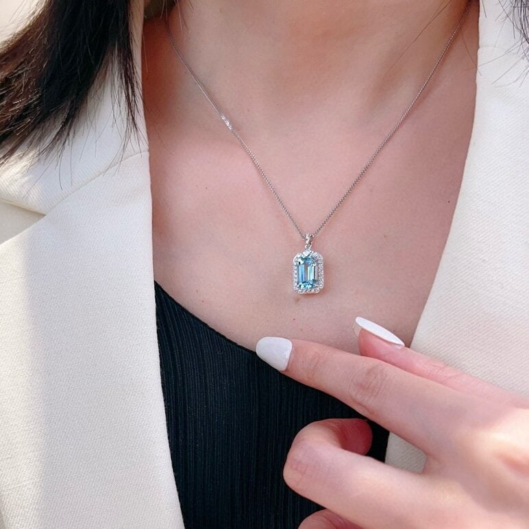 14k Gold 3.19 Ctw Natural Aquamarine & Diamond Pendant( Without Chain ) - 3