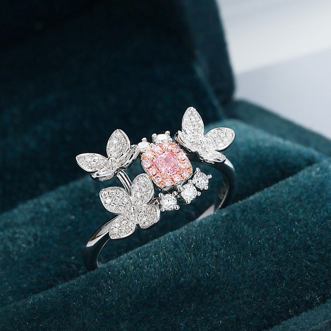 14k Gold 0.50 Ctw Natural Pink Diamond & Diamond Ring: Ref:230948216 // gold content:14k gold // ring size:7. 25us // // main gemstone:pink diamond // shape:cushion // carat weight:0. 12ct // color:pink // treatment:natural // // adjacent gemstone 2 :