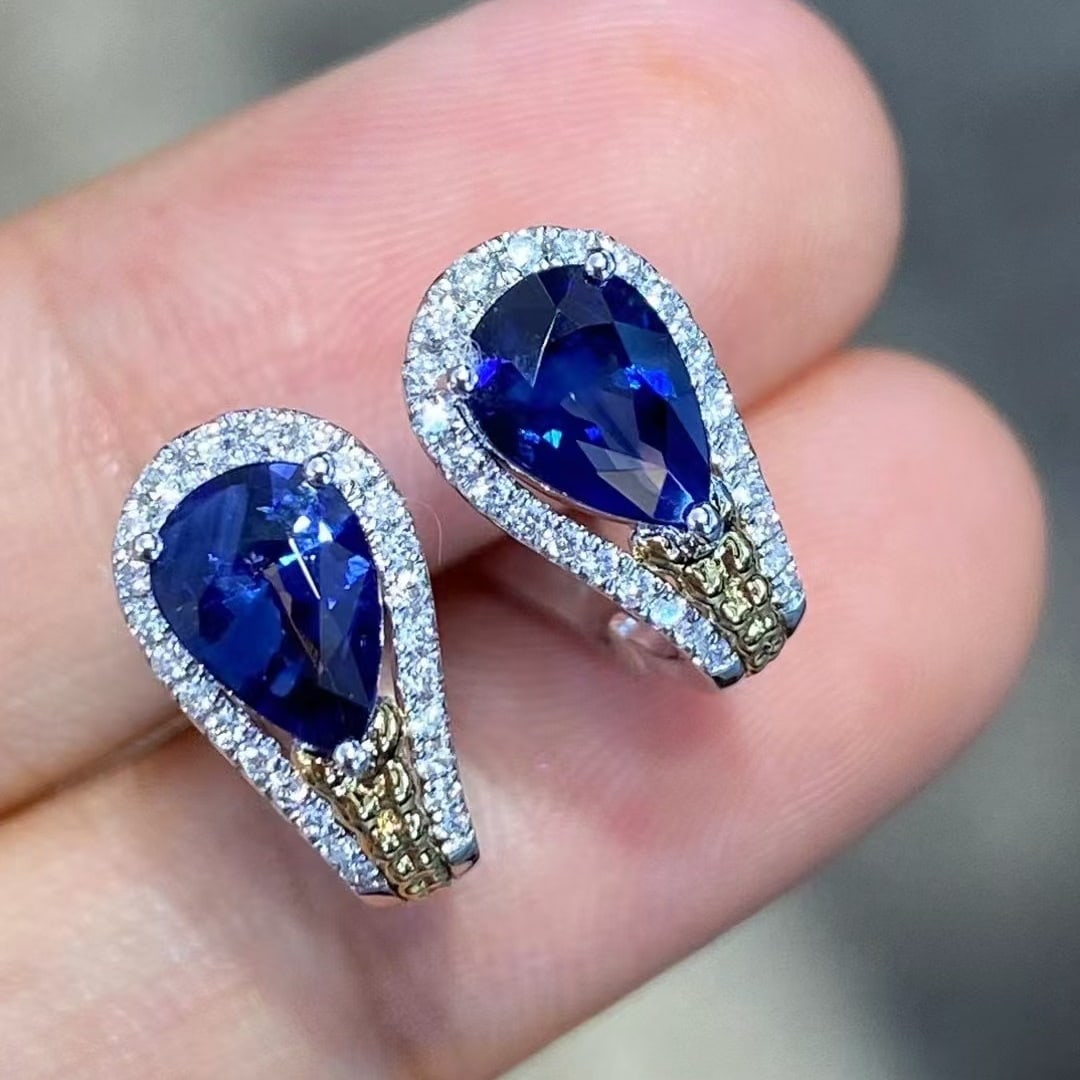14k Gold 1.94 Ctw Natural Sapphire & Diamond Earrings - 2
