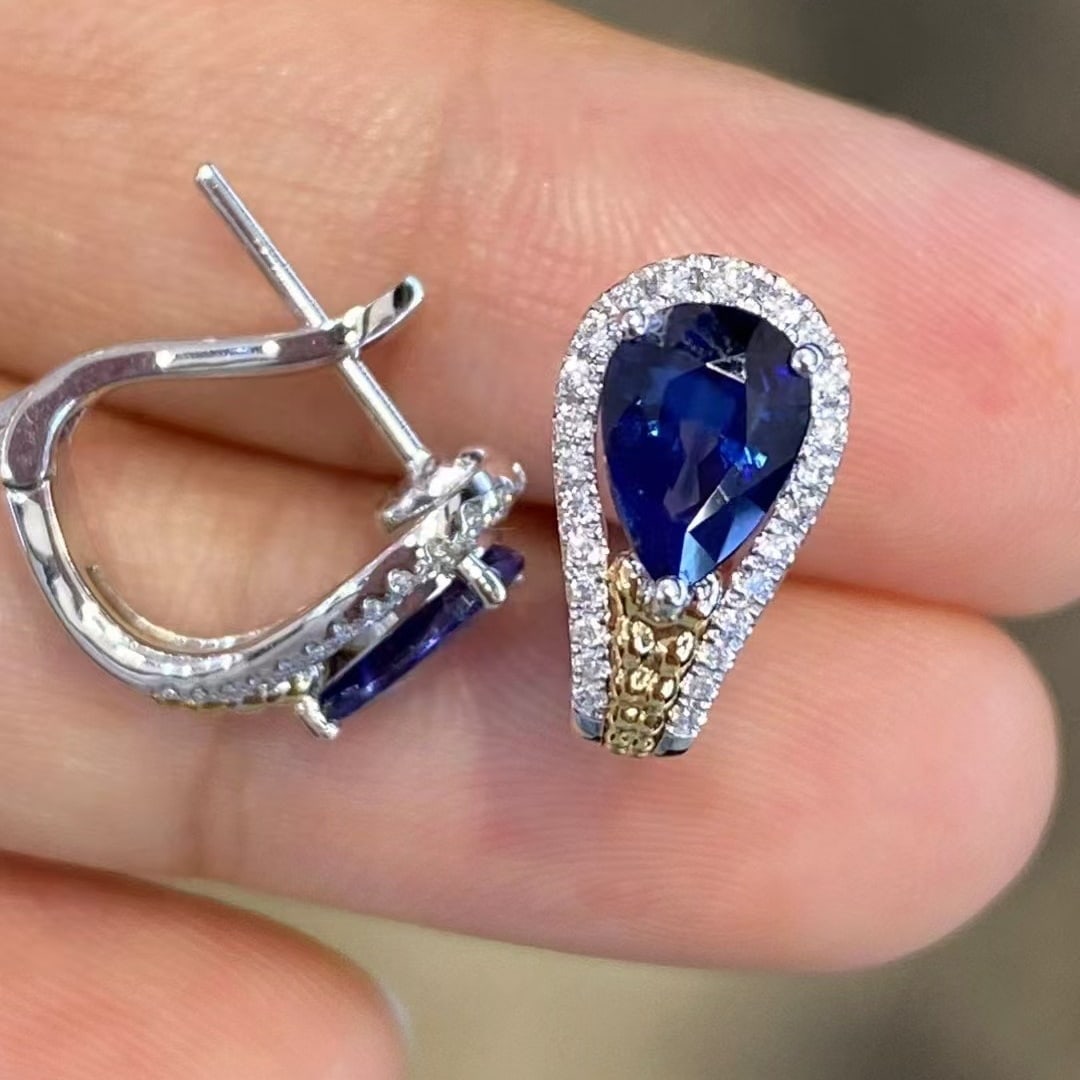 14k Gold 1.94 Ctw Natural Sapphire & Diamond Earrings - 4