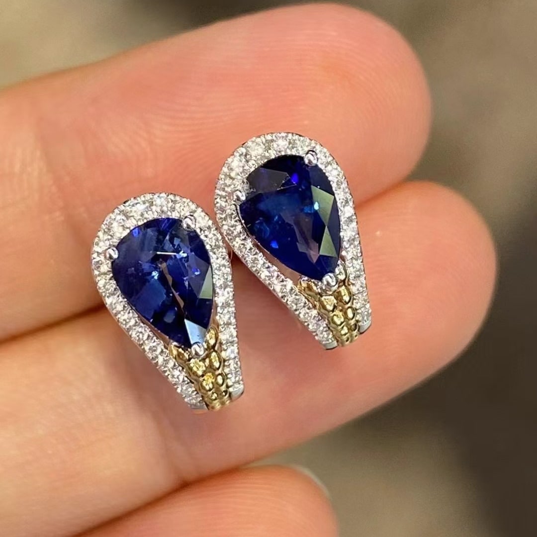 14k Gold 1.94 Ctw Natural Sapphire & Diamond Earrings - 5