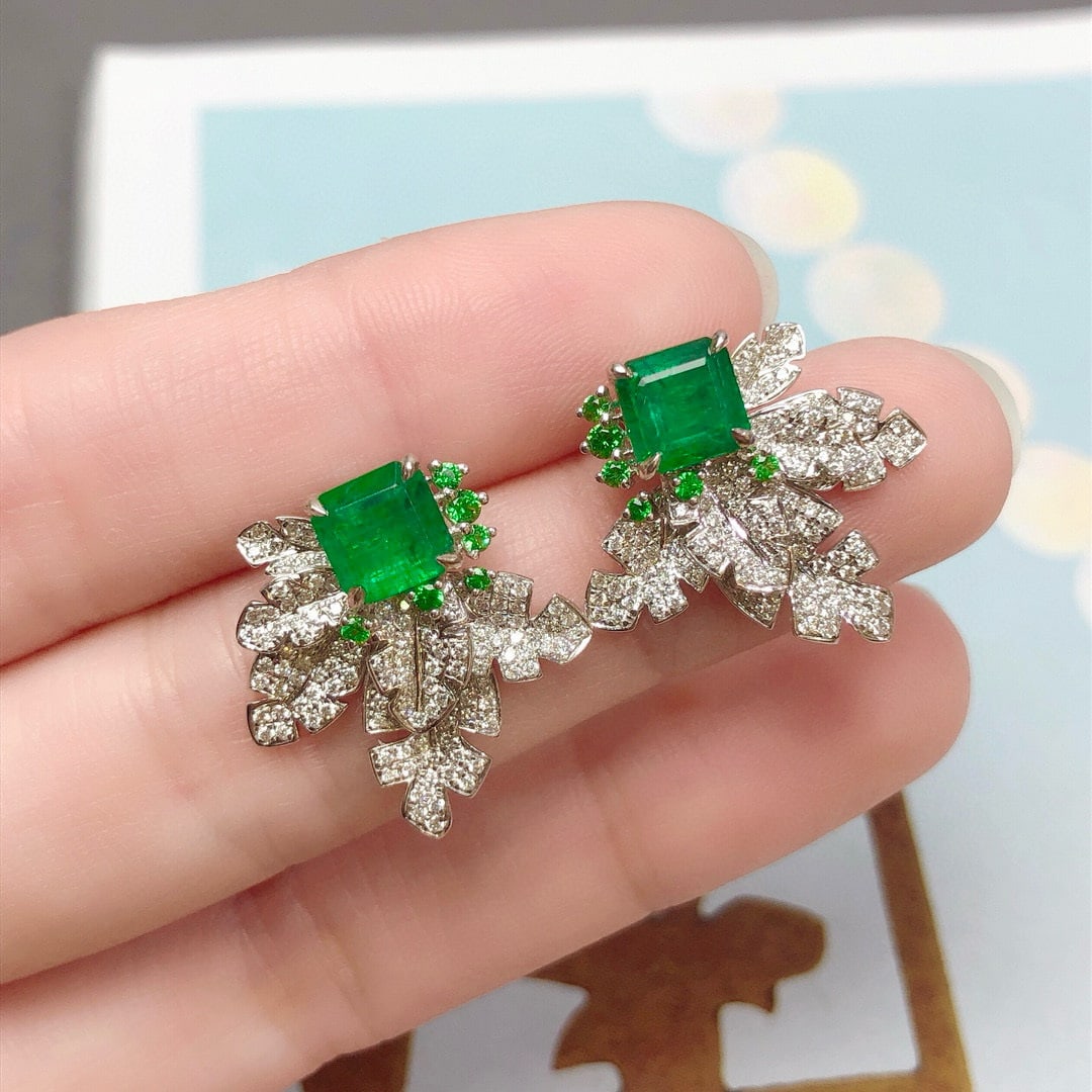 14k Gold 3.42 Ctw Vivid Green Natural Emerald & Diamond Earrings - 2