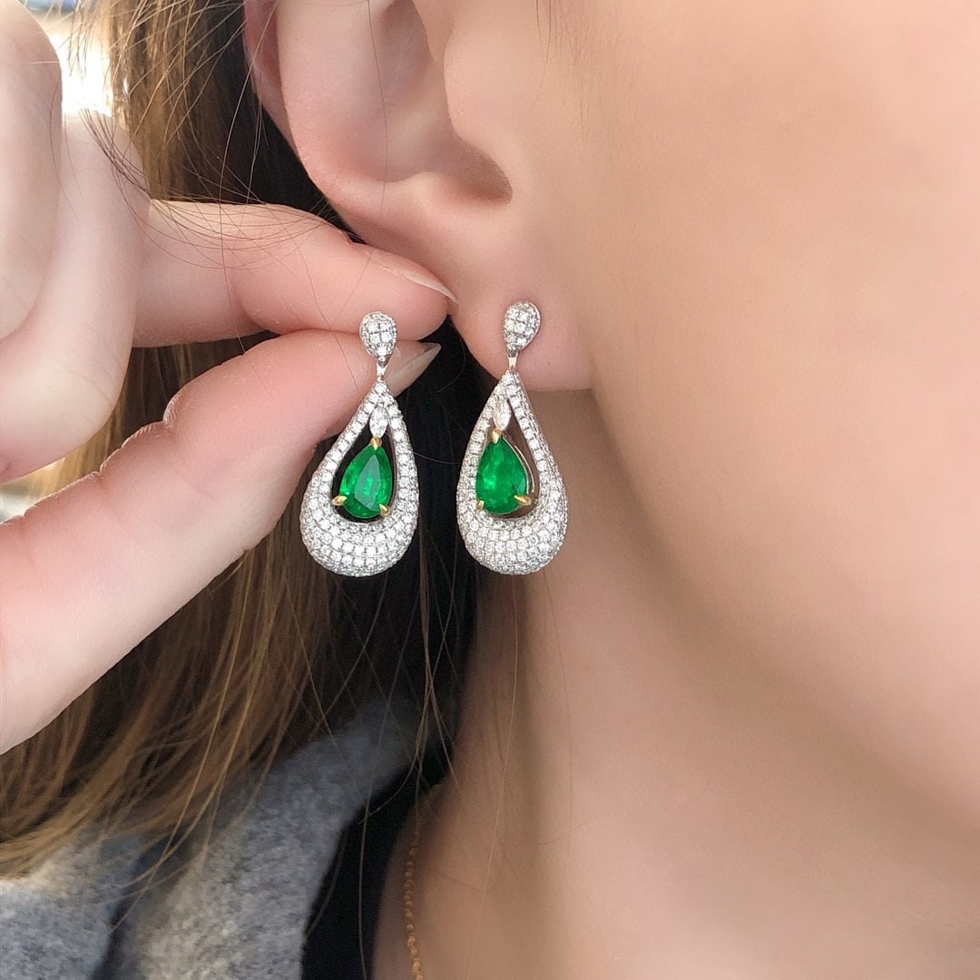 14k Gold 2.95 Ctw Vivid Green Natural Emerald & Diamond Earrings - 2