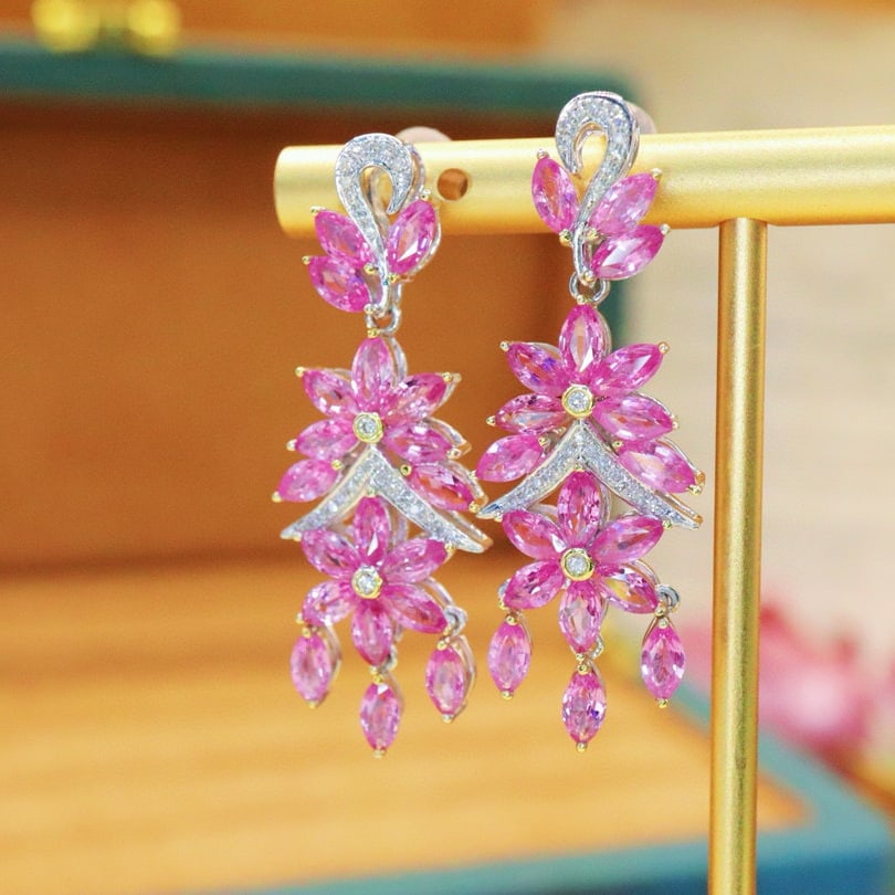 14k Gold 7.83 Ctw Natural Sapphire & Diamond Earrings: Ref:230948264 // gold content:14k gold // main gemstone:sapphire // shape:marquise // carat weight:7. 65ct // color:pink // treatment:natural // // adjacent gemstone 2 : diamond // number of