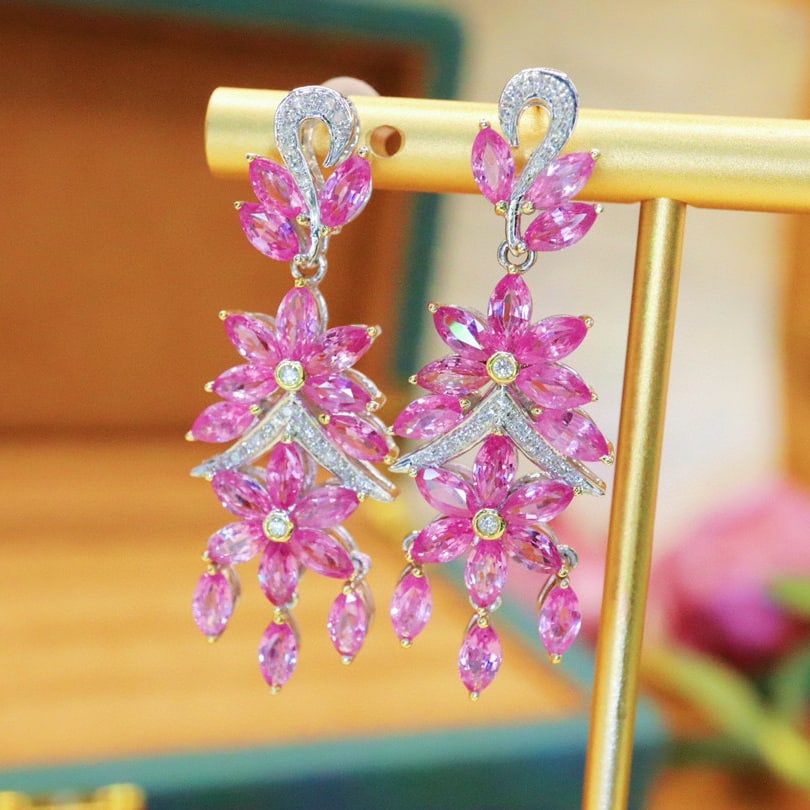 14k Gold 7.83 Ctw Natural Sapphire & Diamond Earrings - 2