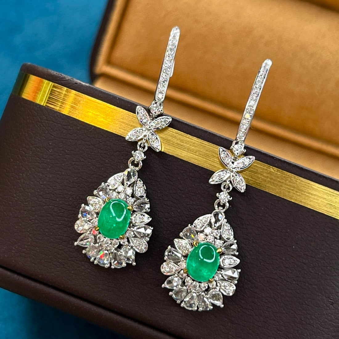 14k Gold 1.98 Ctw Vivid Green Natural Emerald & Diamond Earrings - 2