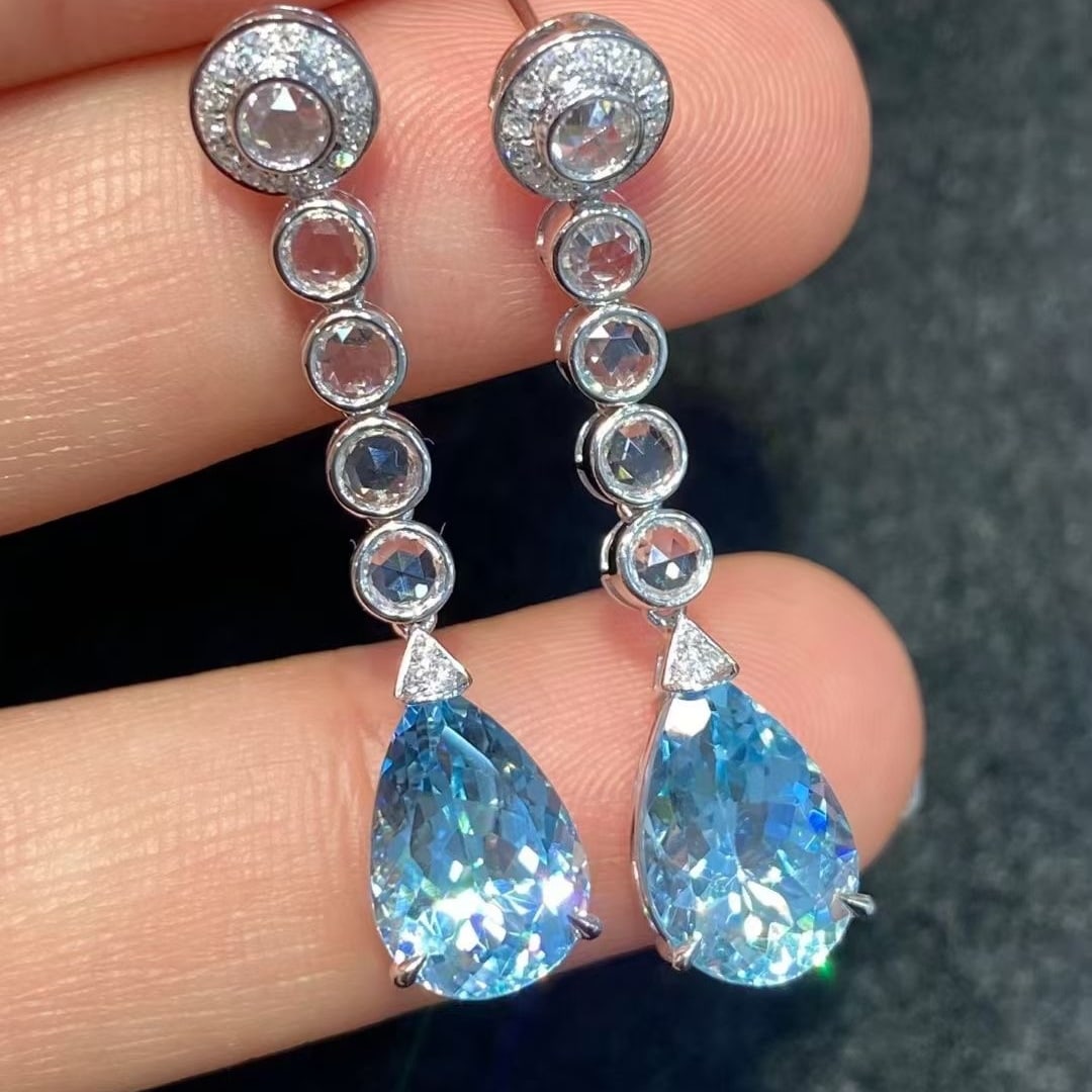 14k Gold 6.75 Ctw Natural Aquamarine & Sapphire Earrings - 3