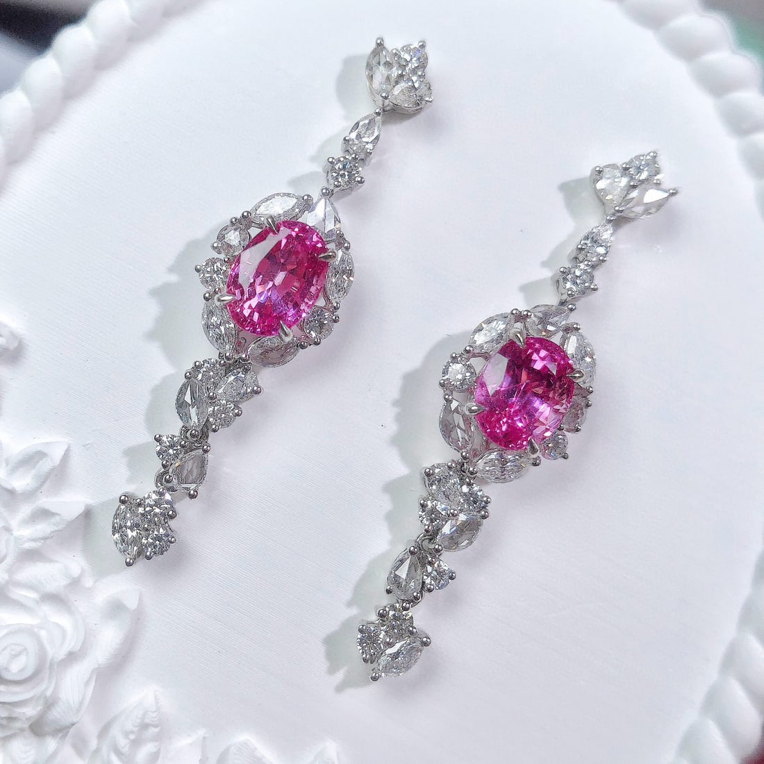 14k Gold 5.93 Ctw Natural Padparadscha Sapphire & Diamond Earrings - 2