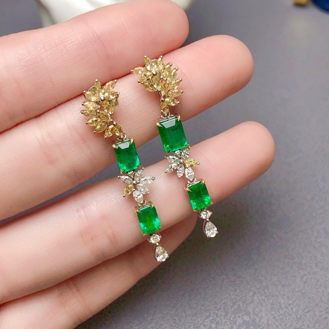 14k Gold 3.23 Ctw Vivid Green Natural Emerald & Diamond Earrings - 3