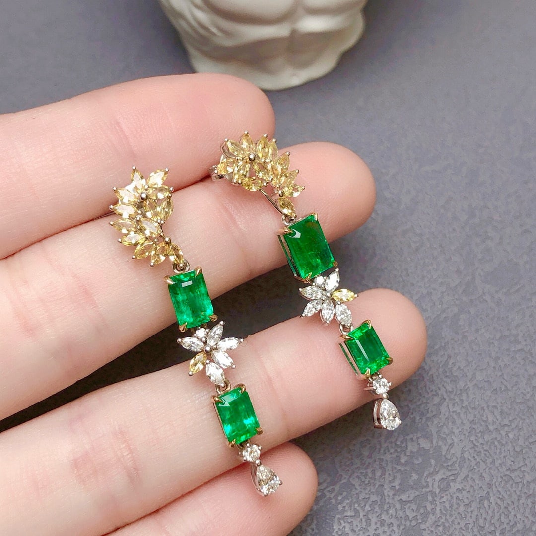 14k Gold 3.23 Ctw Vivid Green Natural Emerald & Diamond Earrings - 4