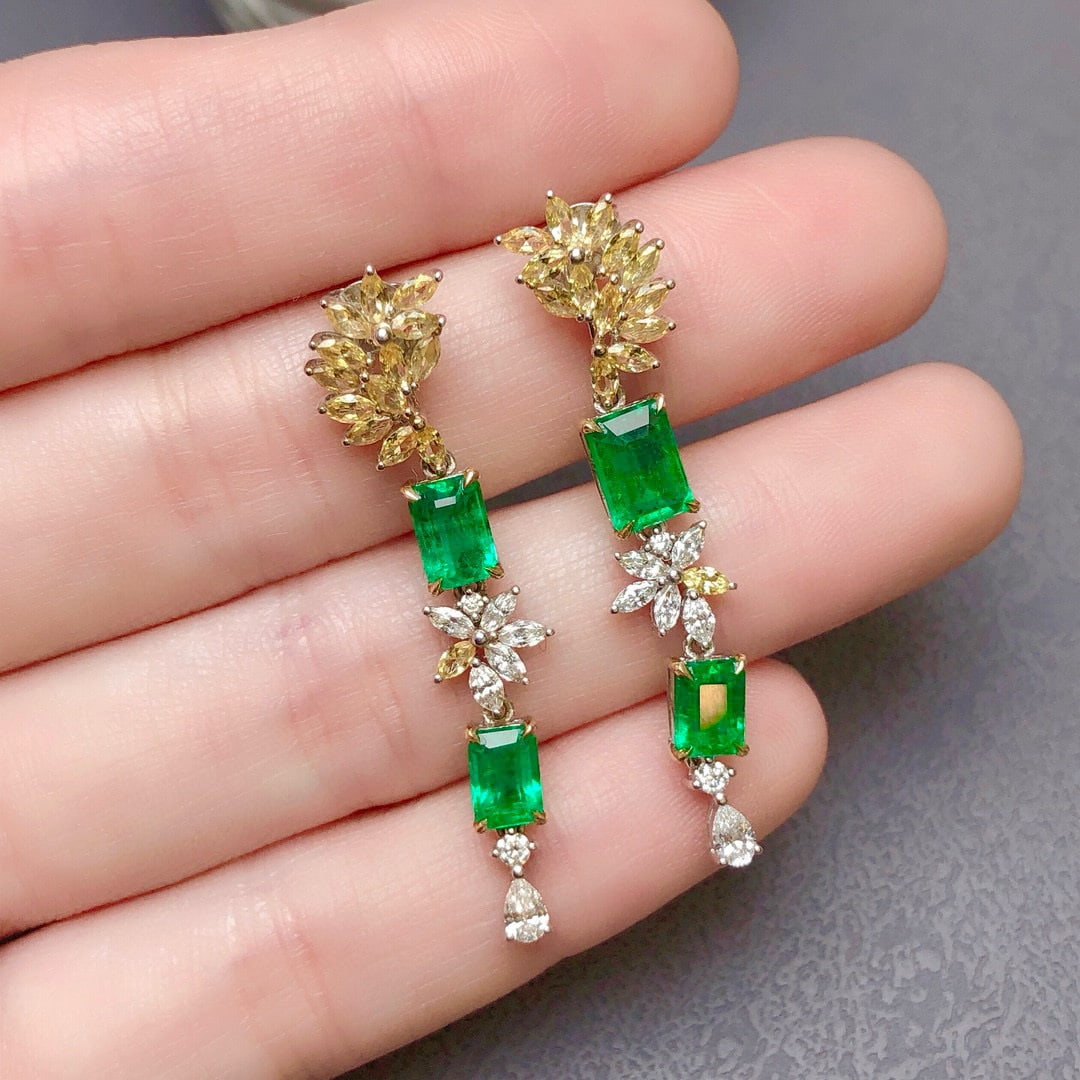 14k Gold 3.23 Ctw Vivid Green Natural Emerald & Diamond Earrings - 7