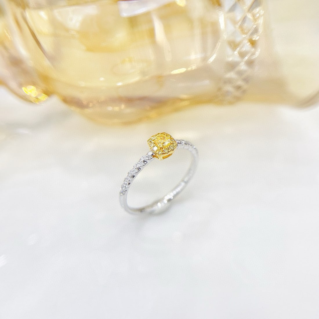 14k Gold 0.29 Ctw Natural Yellow Diamond & Diamond Ring: Ref:230948351 // gold content:14k gold // ring size:7. 25us // // main gemstone:yellow diamond // shape:cushion // carat weight:0. 15ct // color:yellow // treatment:natural // // adjacent gemstone