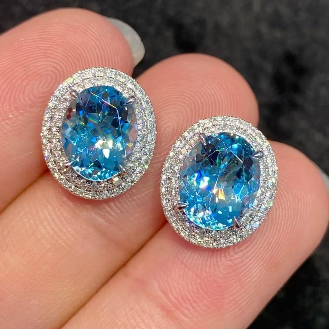 14k Gold 4.42 Ct Natural Aquamarine & Diamond Earrings - 3