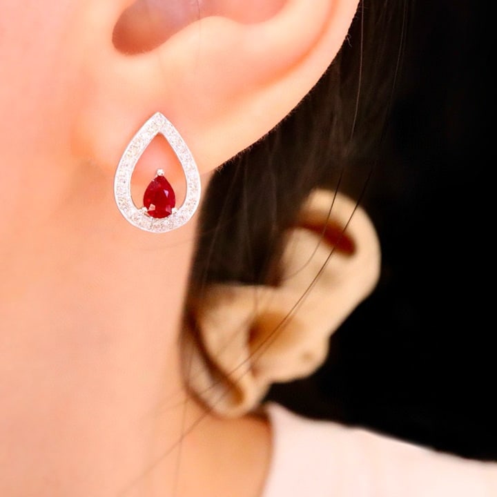 14k Gold 0.78 Ctw Vivid Red Natural Ruby & Diamond Earrings - 2