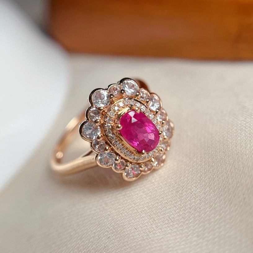 14k Gold 0.80 Ct Natural Ruby & Diamond & Sapphire Ring - 2