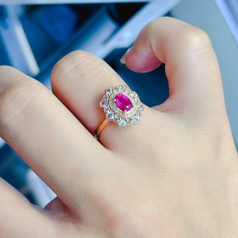 14k Gold 0.80 Ct Natural Ruby & Diamond & Sapphire Ring - 3