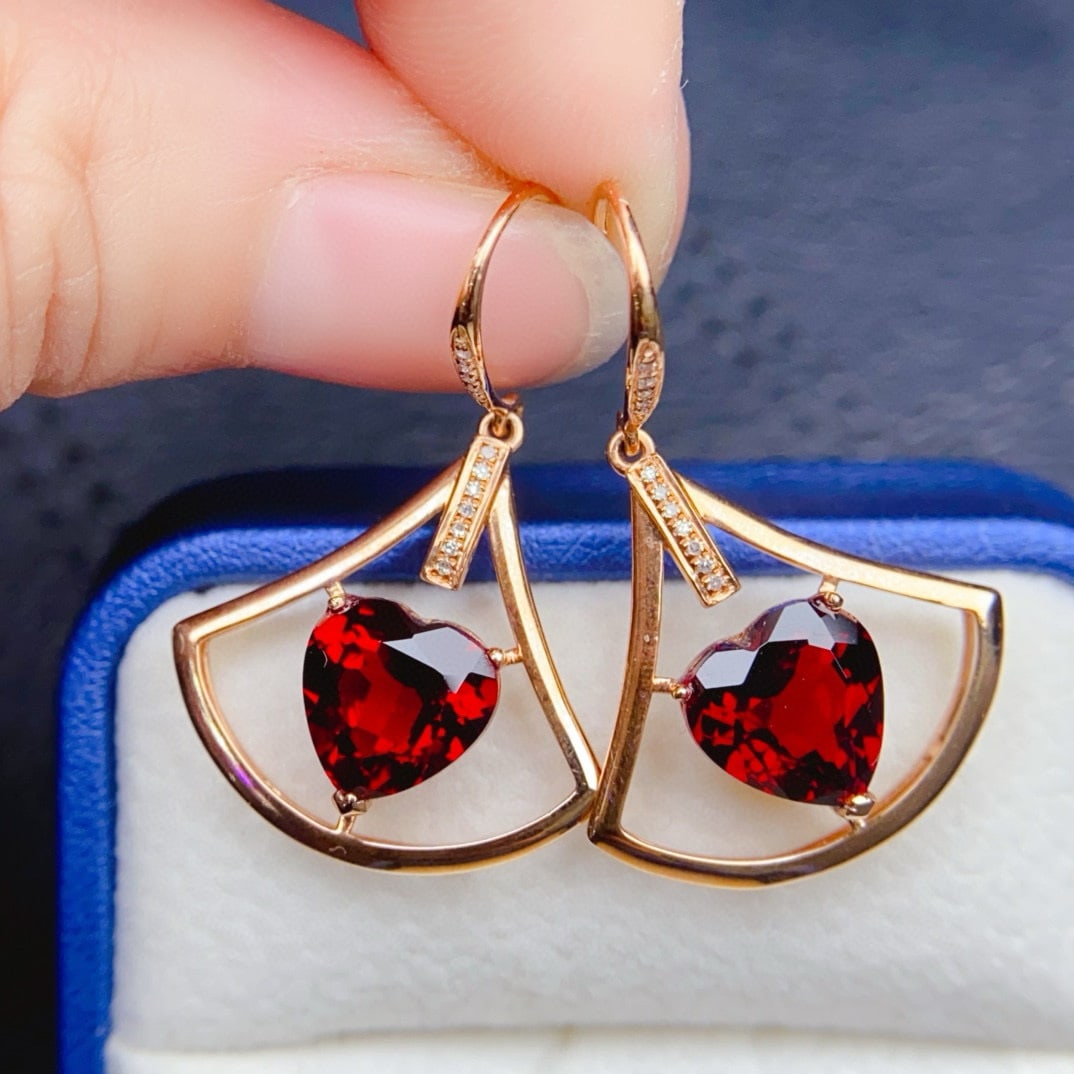 14k Gold 6.85 Ct Natural Garnet & Diamond Earrings - 2