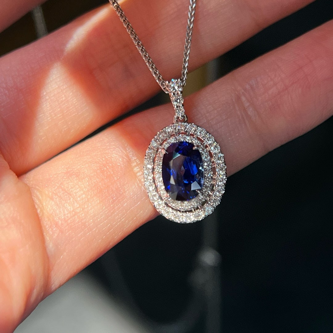 14k Gold 2.26 Ctw Natural Sapphire & Diamond Pendant( Without Chain ): Ref:230948441 // gold content:14k gold // main gemstone:sapphire // shape:oval // carat weight:1. 86ct // color:royal blue // treatment:natural // // adjacent gemstone 2 : diamond // shape:round // ca