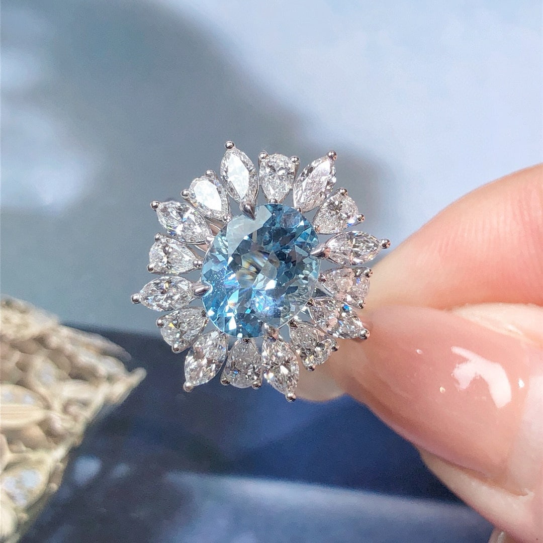 14k Gold 3.77 Ctw Natural Aquamarine & Lab Grown Diamond Ring - 2