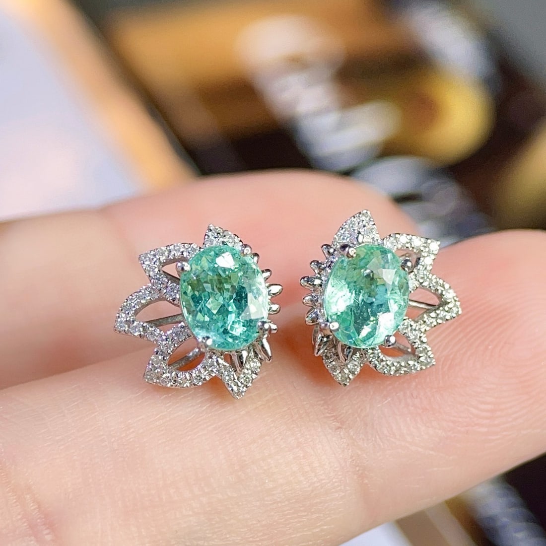 14k Gold 1.62 Ct Natural Paraiba Tourmaline & Diamond Earrings - 3