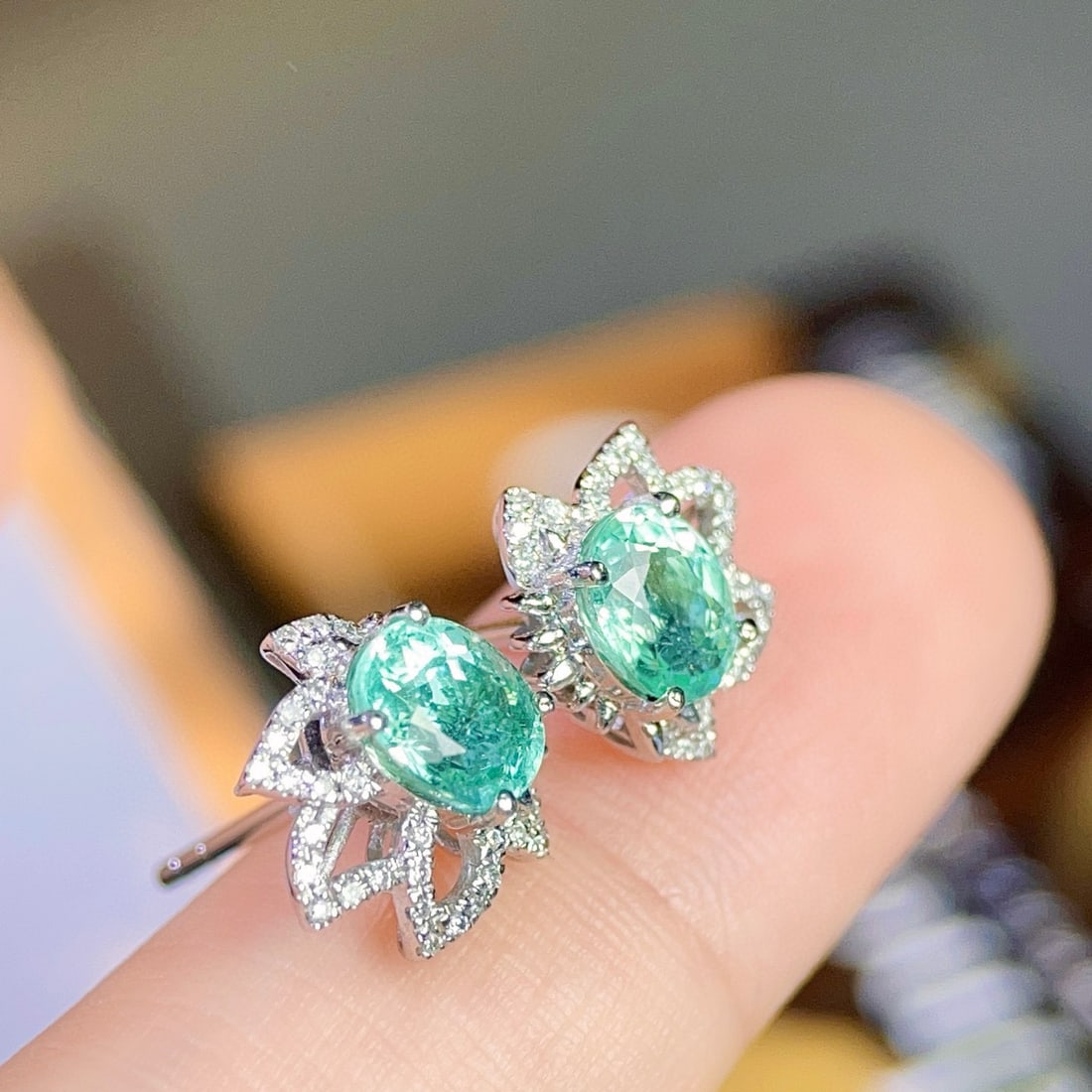14k Gold 1.62 Ct Natural Paraiba Tourmaline & Diamond Earrings - 4
