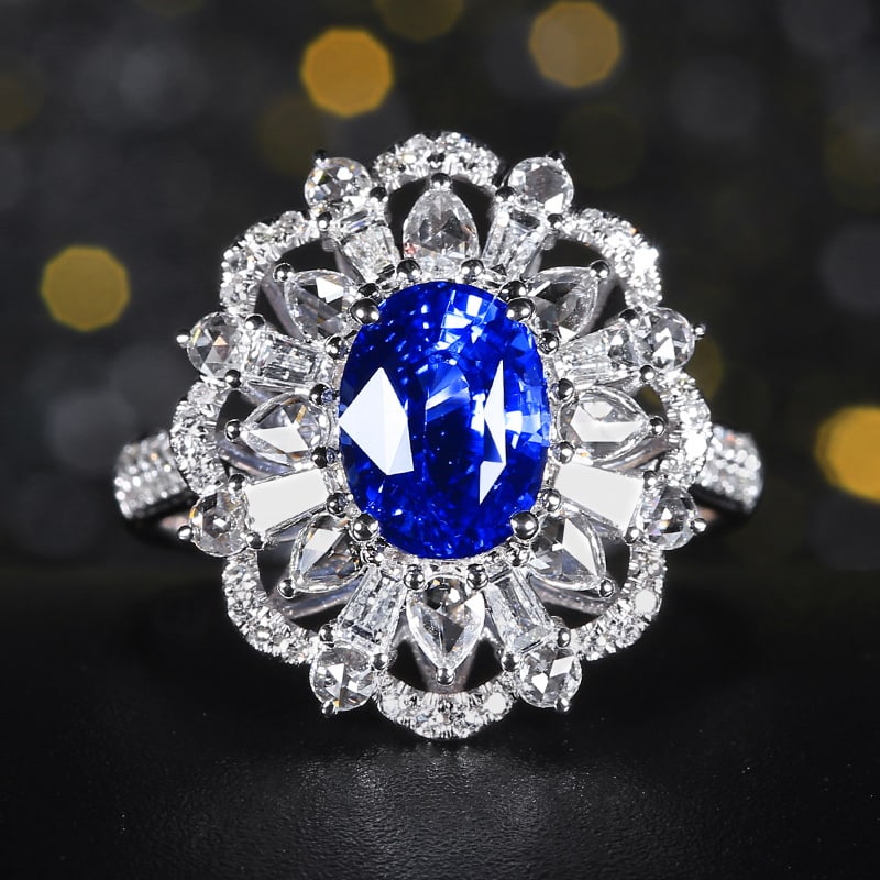 14k Gold 2.97 Ctw Natural Sapphire & Diamond Ring: Ref:230955091 // gold content:14k gold // ring size:7. 25us // // main gemstone:sapphire // shape:oval // carat weight:2. 05ct // color:cornflower blue // treatment:natural // // adjacent gemstone